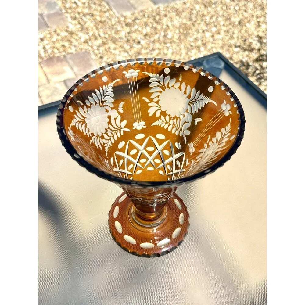 Vintage Bohemian Amber Flash Cut to Clear Glass Vase " Floral Engraved Czech - Picture 10 of 16